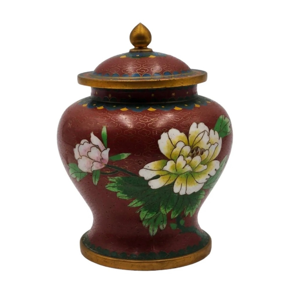 Vintage Dark Red Peony Design Chinese Brass Cloisonné  Ginger/Tea Jar * Pristine